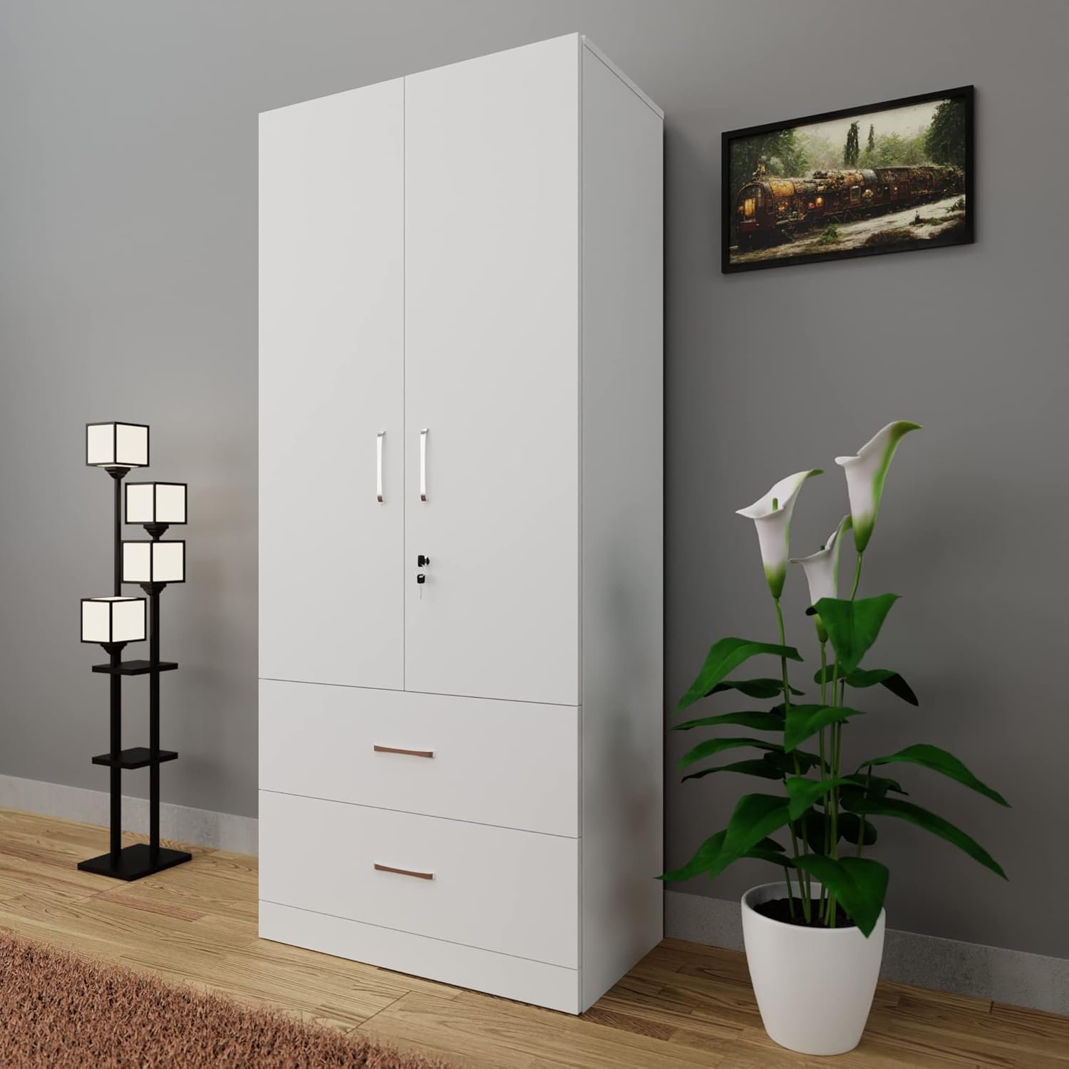 VIKI Wardrobe | Wooden Almirah for Clothes,Door for Bedroom, 2 Door Wardrobe with Drawer & Hanging Space (Frosty White - 40D x 80W x 180H) | 1 Year Warranty | Free Assembly — image 2