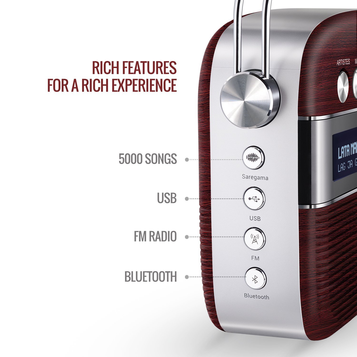 Saregama Carvaan Hindi - Portable Music Player with 5000 Preloaded Songs, FM/BT/AUX (Cherrywood Red) — image 7
