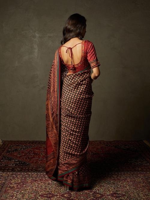 Black & Red Sanganeri Saree With Unstitched Blouse — image 5