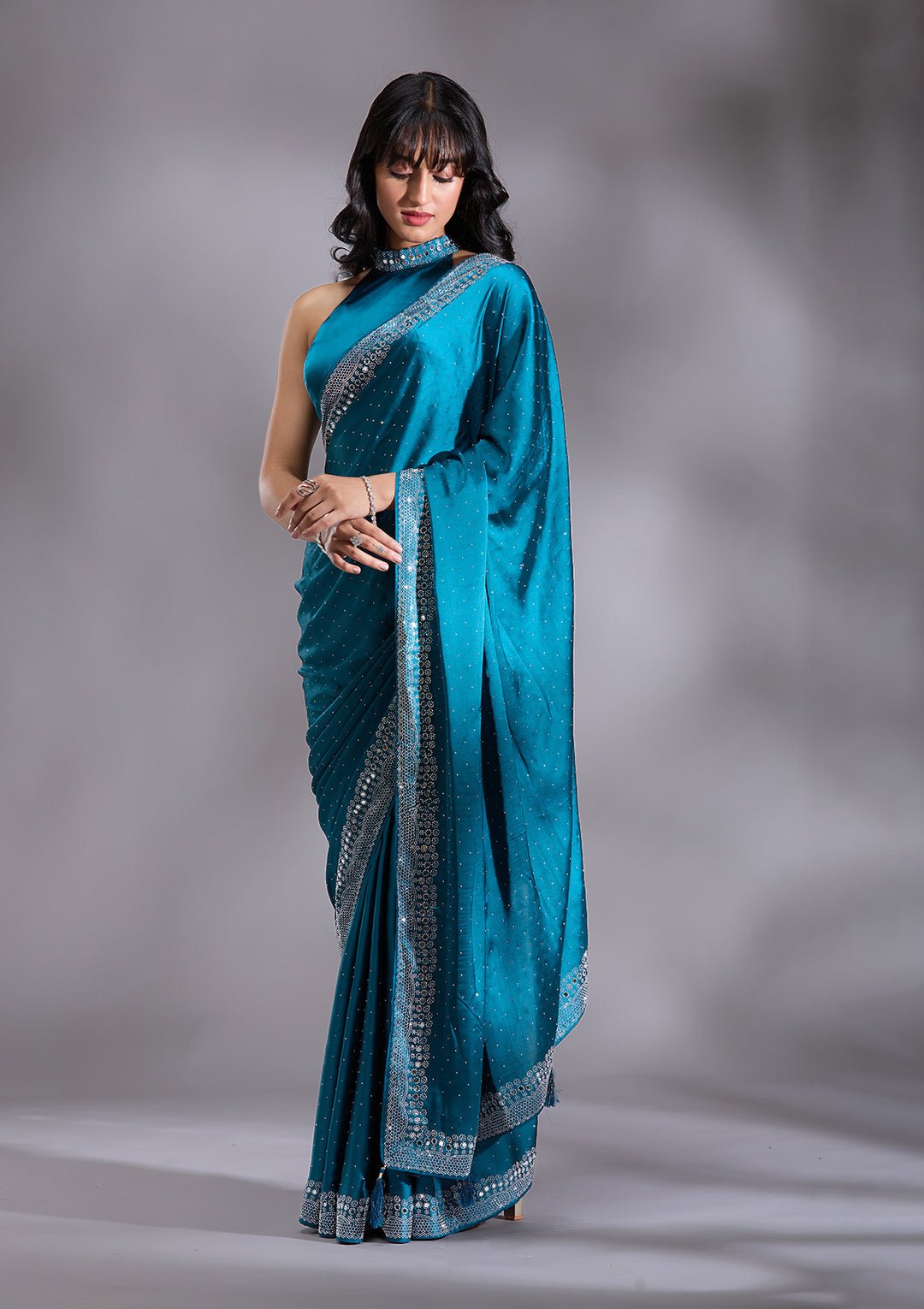 Peacock Blue Silver Stonework Satin Saree — image 1
