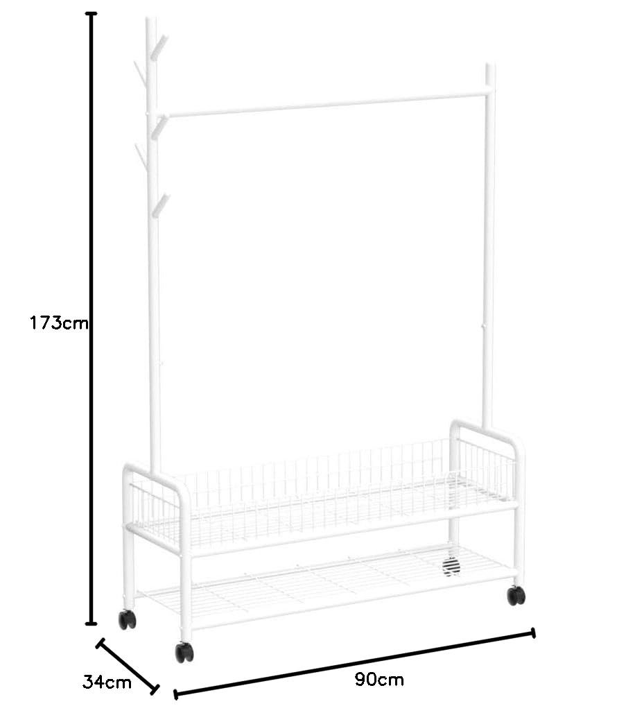 Lukzer | MGR-002 | White | Metal Cloth Stand & Garment Rack with Wheels, 2 Bottom Shelves & Single Rod – Space-Saving Clothes Organizer for Bedroom, Laundry, Entryway & More | 173 x 90 x 34 cm — image 5