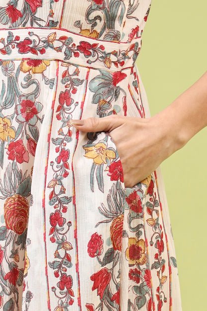 Off-White Vibrant Floral Printed Pure Cotton Flared Spaghetti Dress — image 2