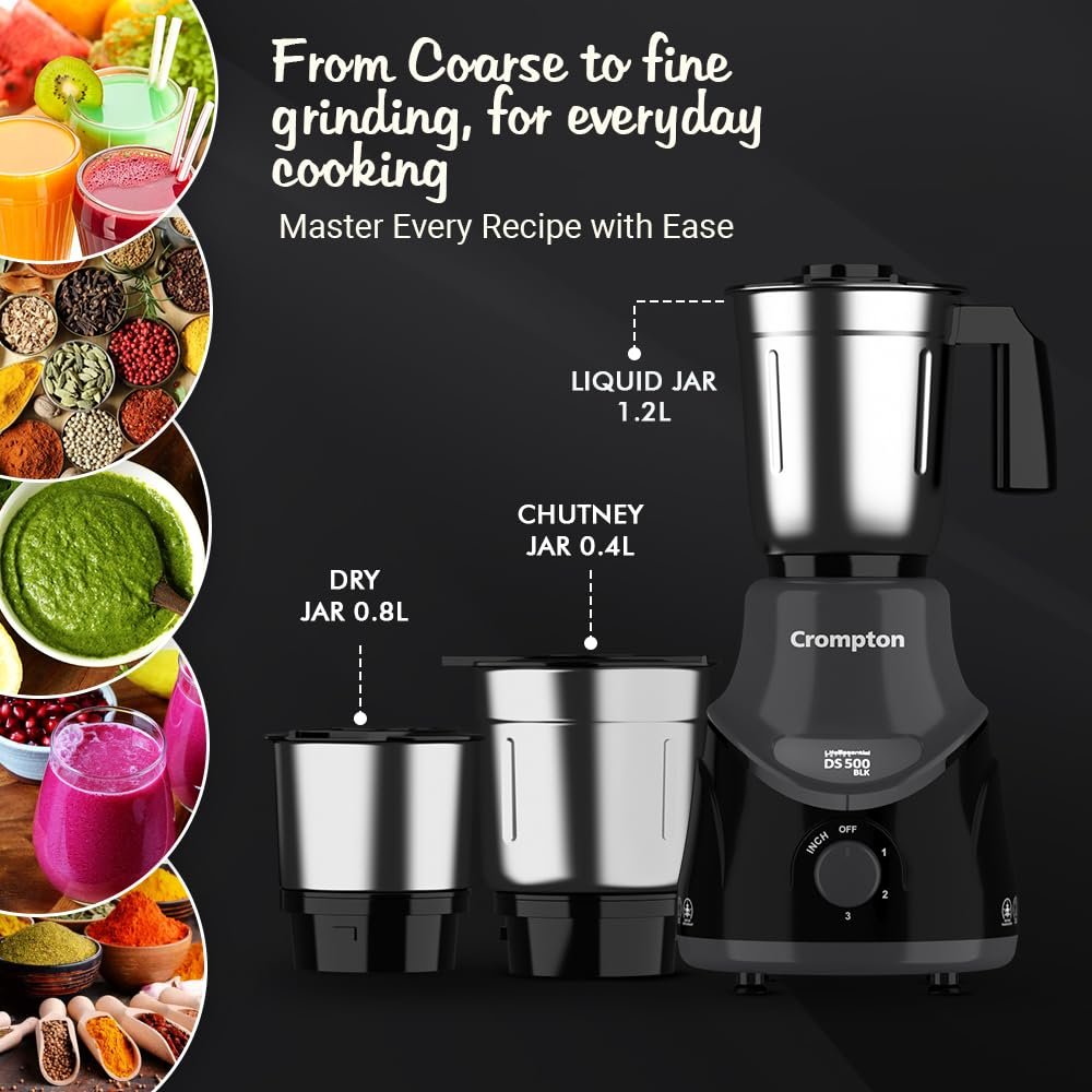 Crompton DS 500 BLK 500-Watt Mixer Grinder with Powertron Motor & Motor Vent-X Technology (3 Stainless Steel Jars, Black & Grey) — image 5