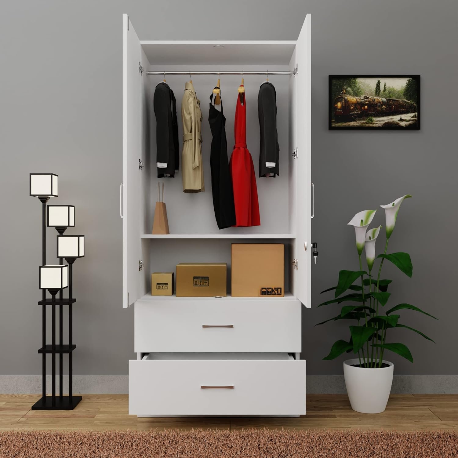 VIKI Wardrobe | Wooden Almirah for Clothes,Door for Bedroom, 2 Door Wardrobe with Drawer & Hanging Space (Frosty White - 40D x 80W x 180H) | 1 Year Warranty | Free Assembly — image 4