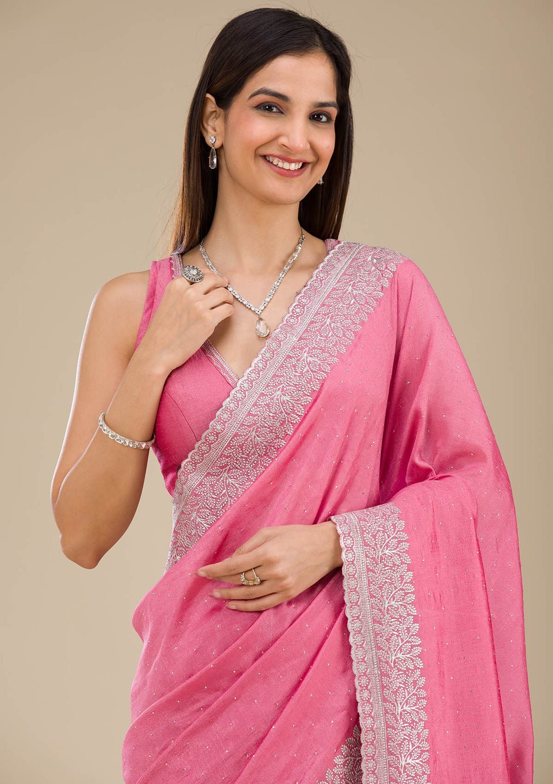 Onion Pink Zariwork Soft Silk Saree — image 6