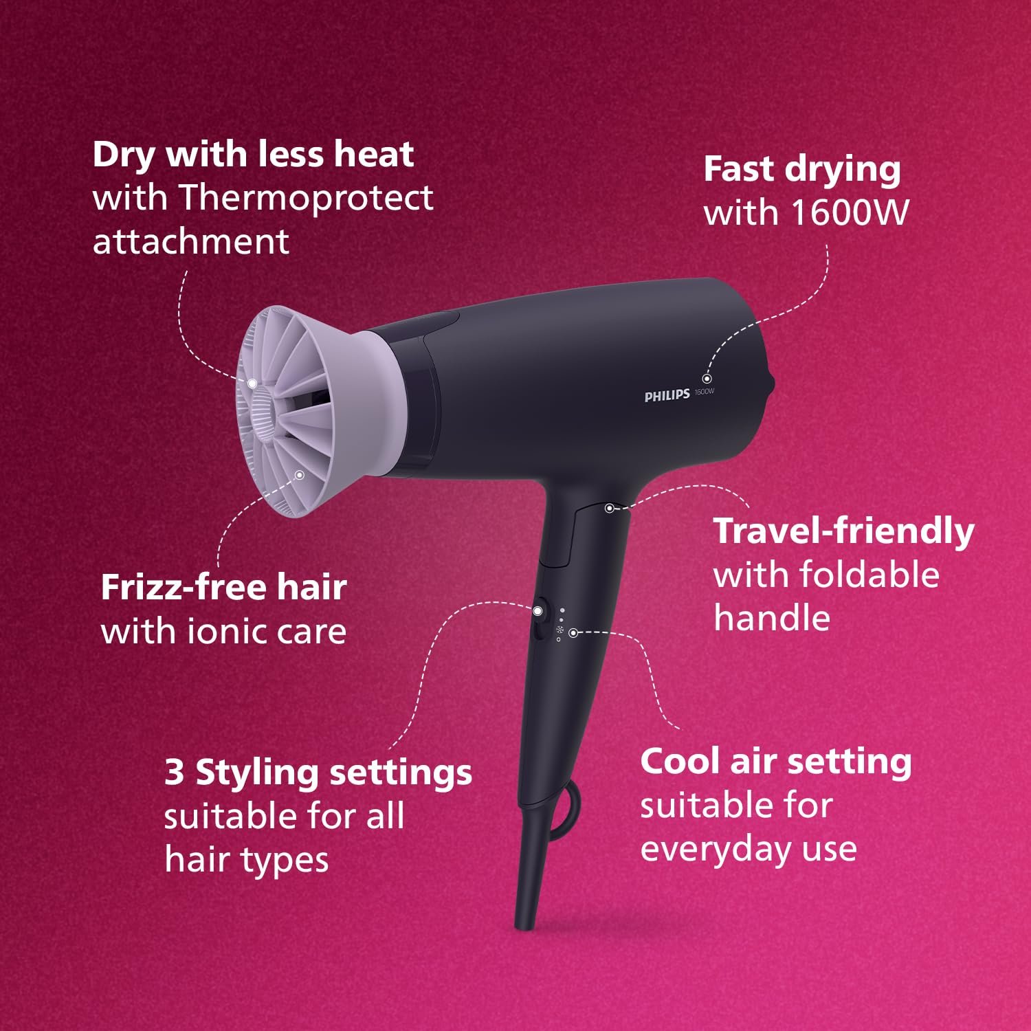 Philips Hair Dryer Powerful Drying with Less HeatIIonic Care for Smooth & Shiny HairI 3 Styling Options for Salon like BlowdryI 1600 WattsI Cool ShotI Men & WomenI 2 Year WarrantyI BHD318/00, Purple — image 8