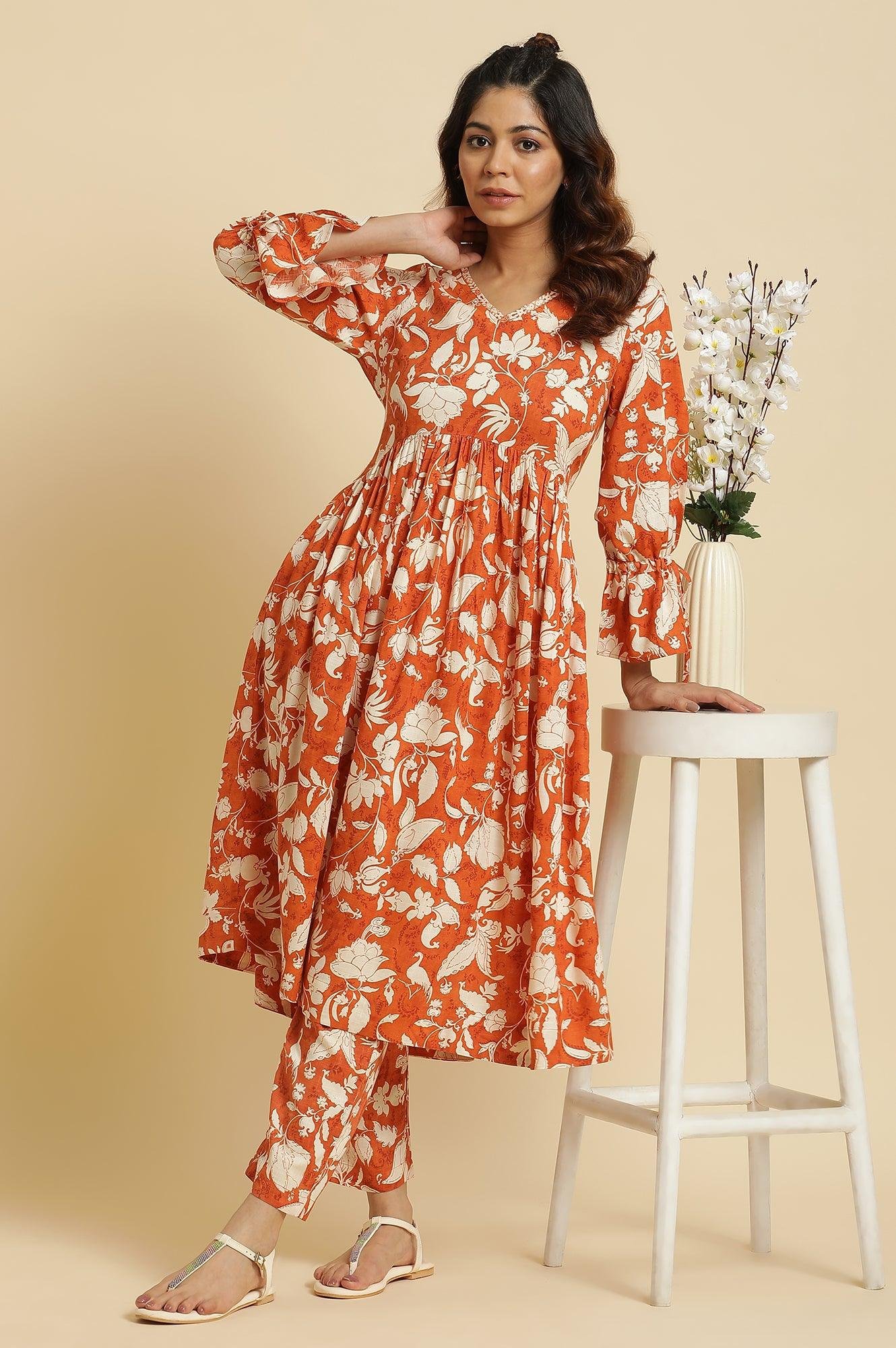 Dark Orange Floral Printed Kurta & Pants Co-Ord Set — image 8