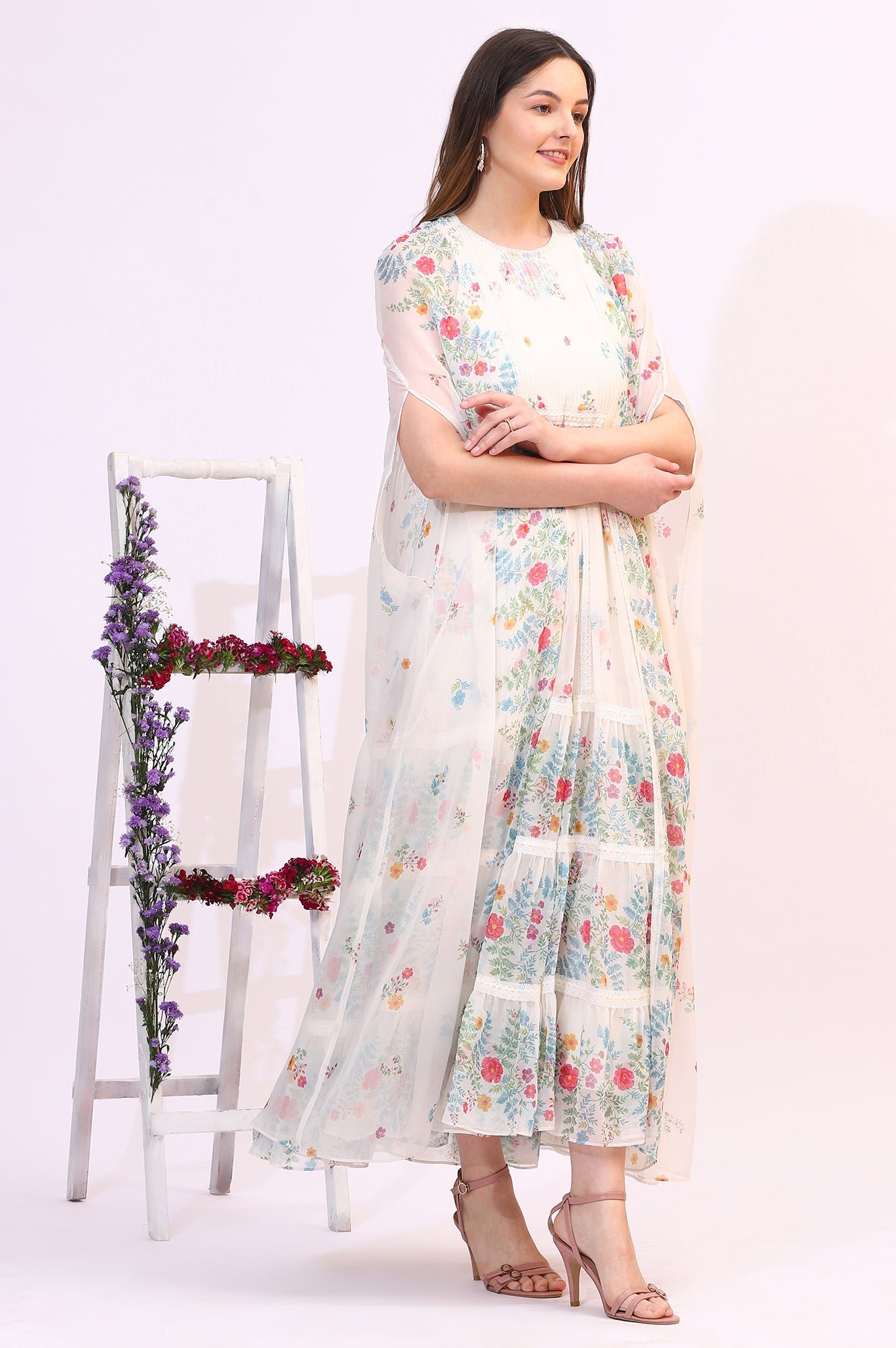 White Floral Printed Chiffon Tiered Flared Dress with Printed Cape — image 8