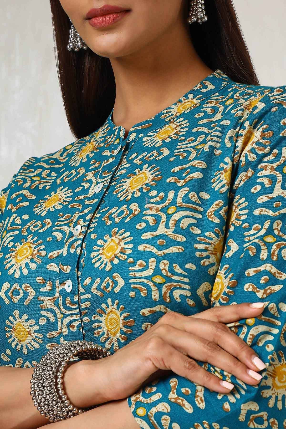 Teal Cotton Blend Abstract Print Kurta — image 4