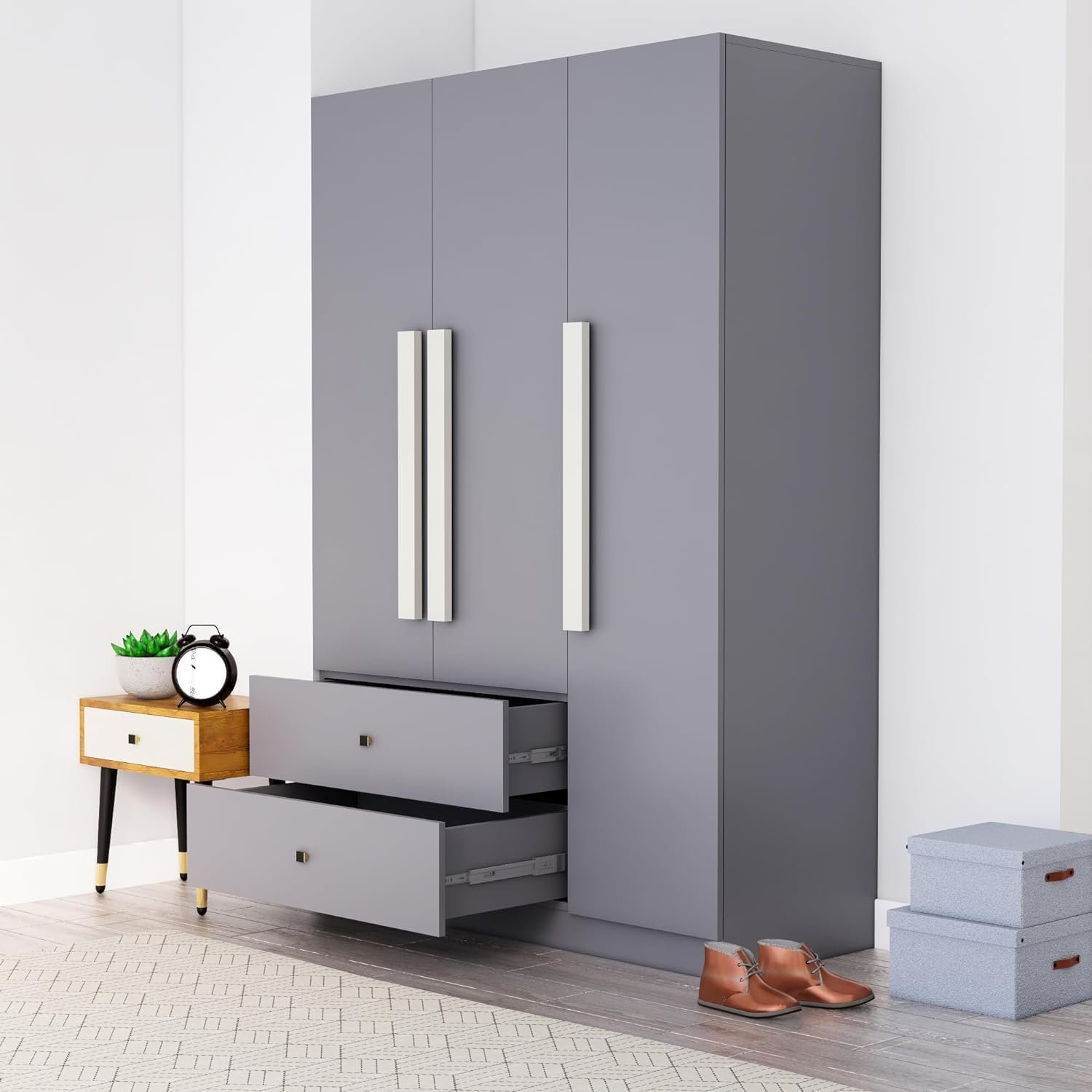 Bniture Wooden Almirah for Clothes, Door for Bedroom, 3 Door Wardrobe with 2 Drawer & Hanging Space (40D x 120W x 180H CM) | 3 Year Warranty (Giant Wood & Slate Grey) — image 5