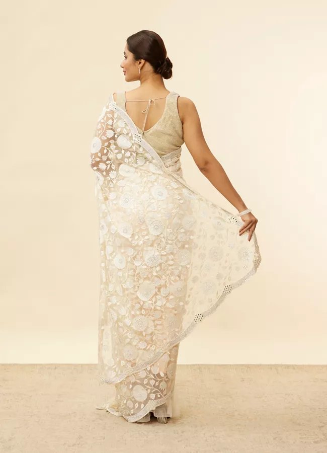 Ivory Cream Bel Buti Patterned Mirror and Stone Work Saree — image 4