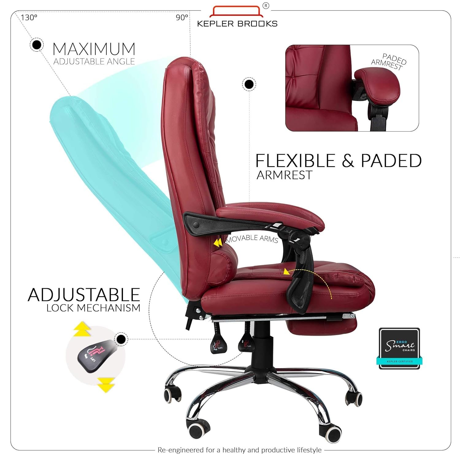 Premium Leatherette Office Chair for Work | 3-Years Warranty | Boss Chair for Office, Ergonomic Executive Chair, Cushioned Arms & Seat, Leg Rest, Heavy Duty Metal Base (Burgundy) — image 4