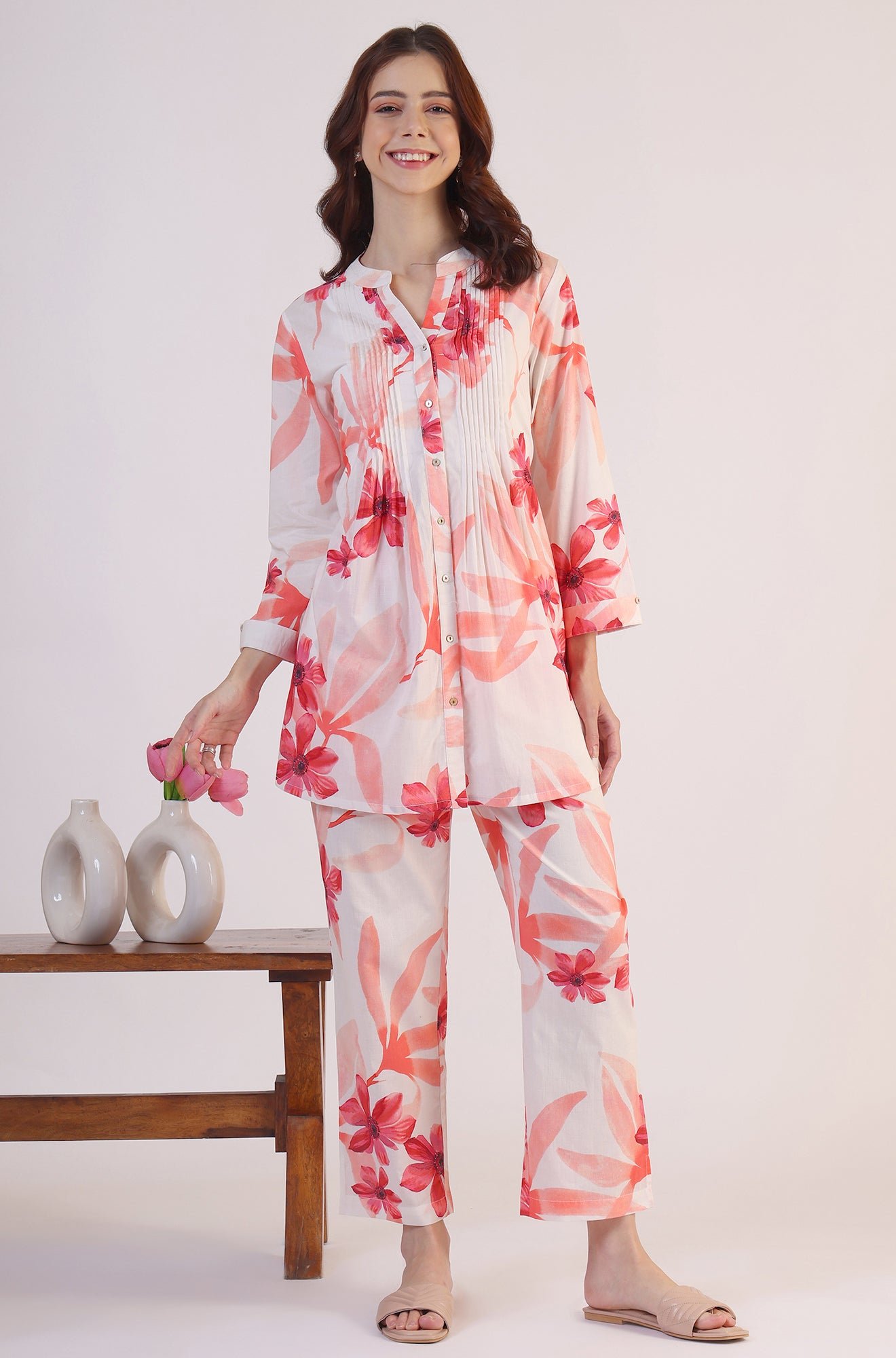 White Bold Floral Printed Pure Cotton Tunic and Straight Pants Co-ord Set — image 9