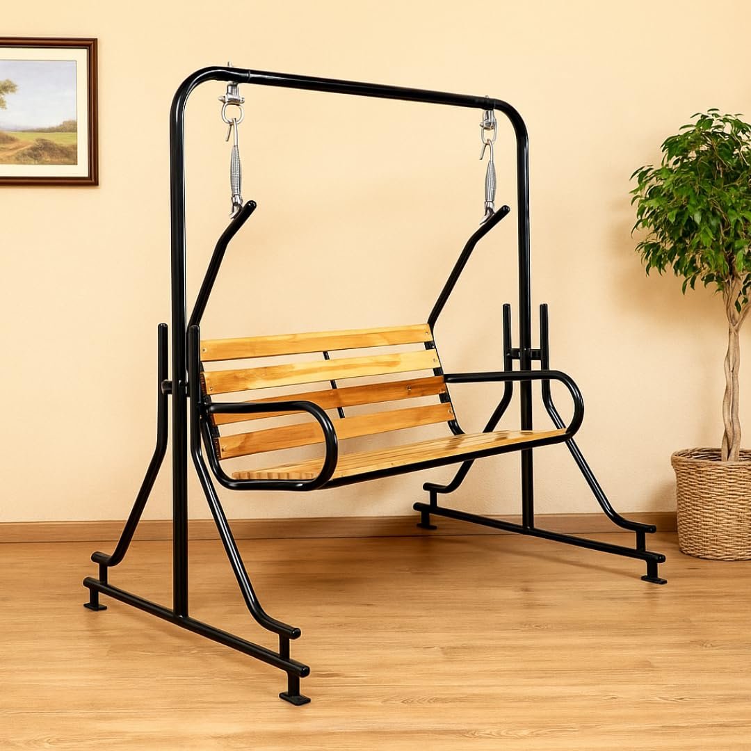 2-Seater Indoor & Outdoor Swing - Natural Wooden Polished (50kg) | Upper Pipe Swing Jhula for Home and Blacony with Sturdy Stand | Strong 300 Kg Capacity Heavy Metal Swing — image 1
