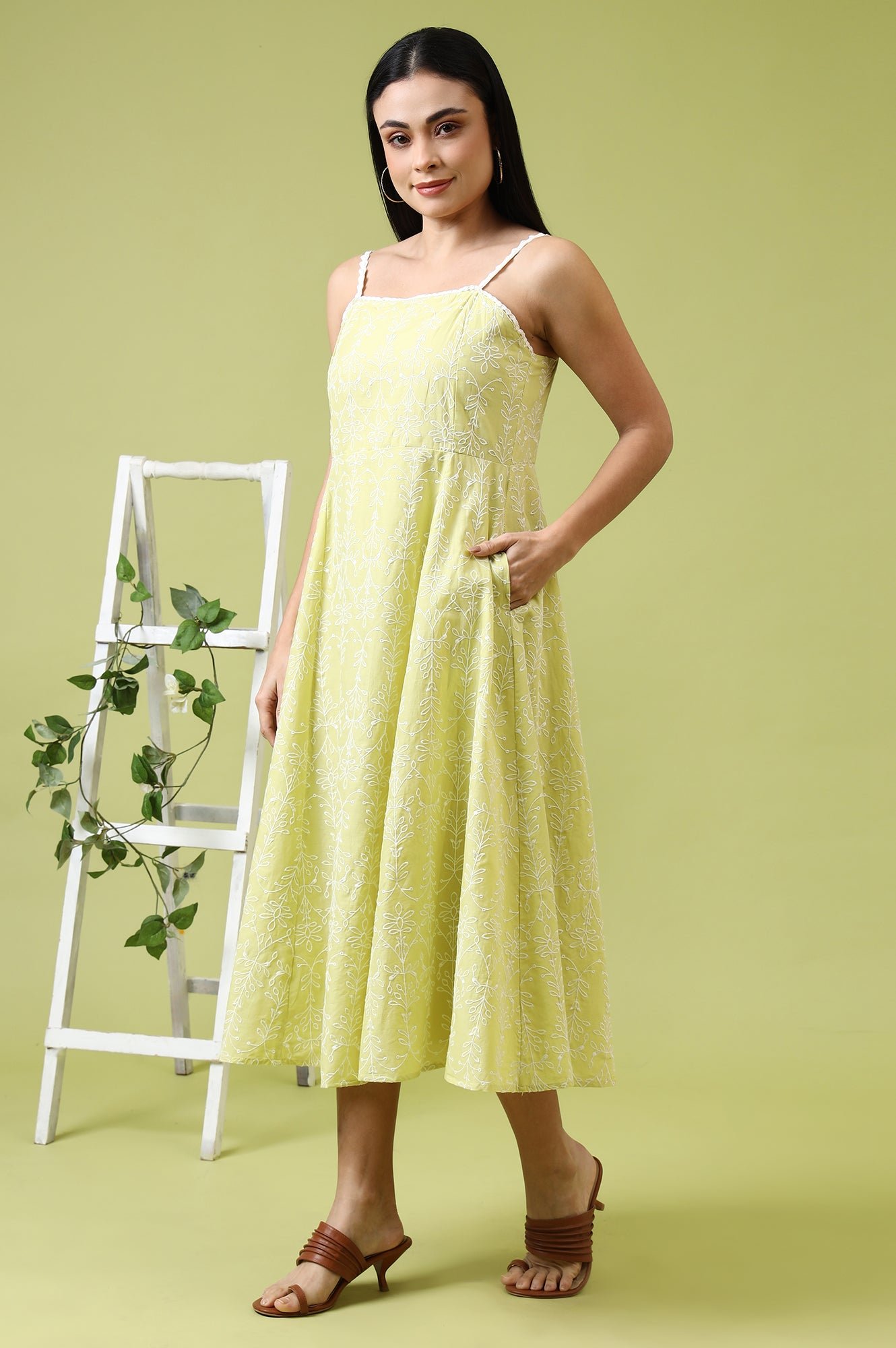 Lime Green Schiffli Embroidered Pure Cotton Flared Spaghetti Dress — image 7