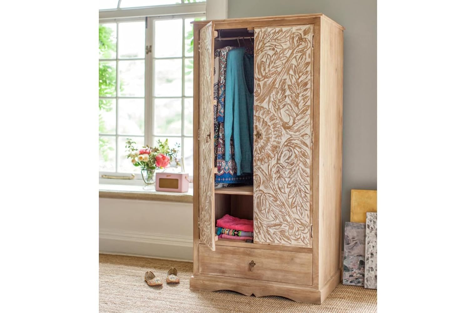 The Attic Jodhpur Carving Wardrobe|Solid Wood Multiple Utility Storage| Clothes Organizer|Wardrobe for Clothes Wooden, almirah for Clothes Wooden|Natural + White Matte Finish — image 2