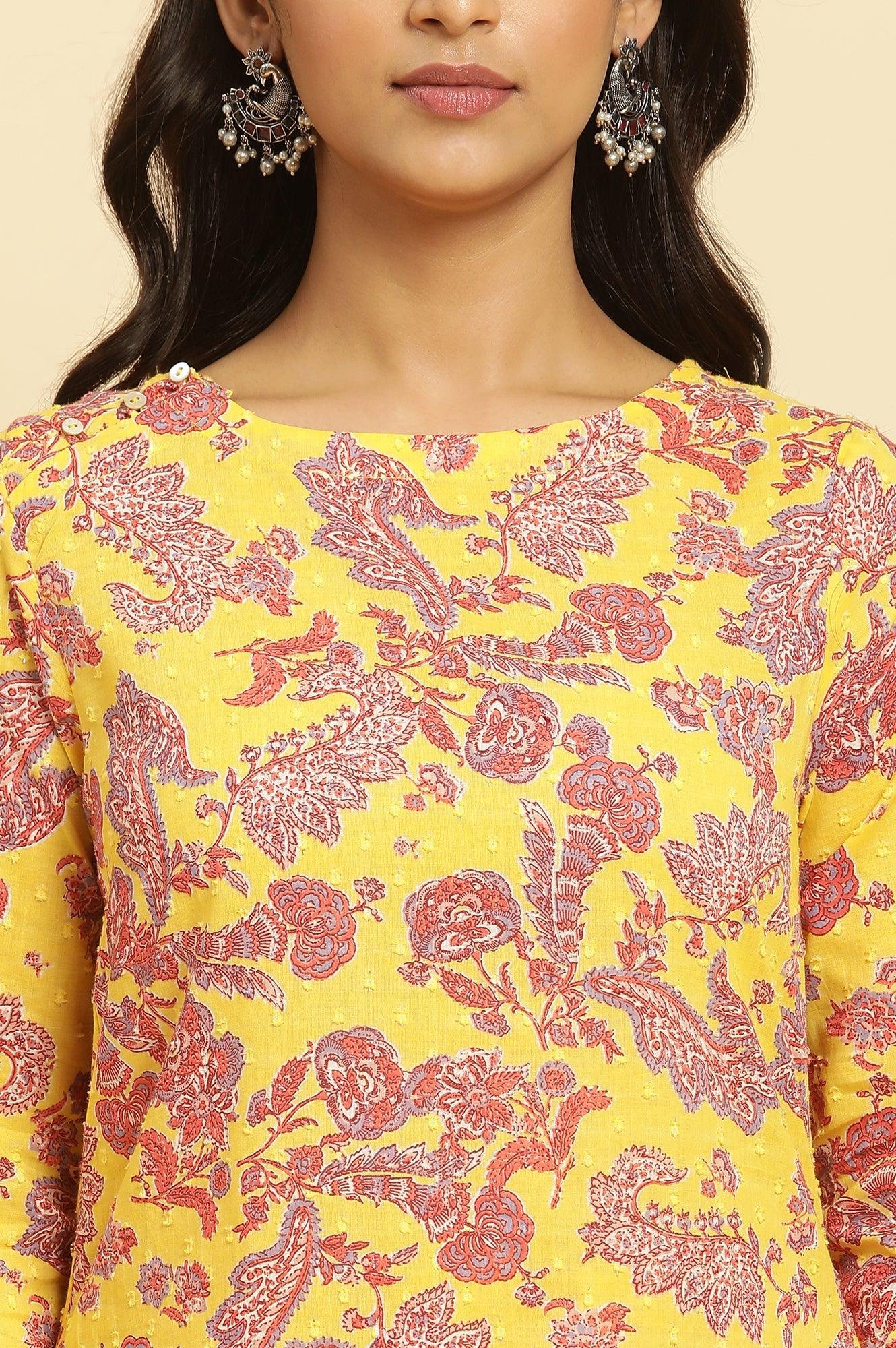 Yellow Floral Printed Cotton Kurta And Pants Co-Ord Set — image 2