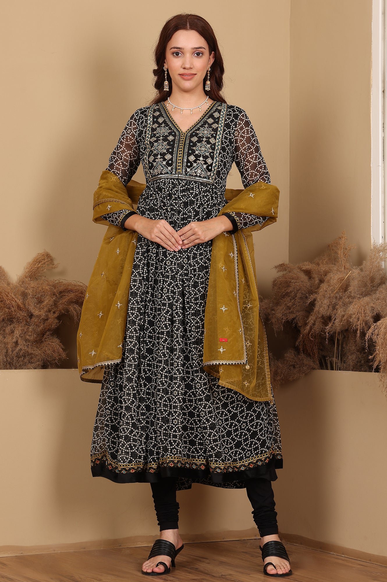 Black Printed Gathered Chiffon Kurta With Embroidery, Churidar And Dupatta Set — image 5