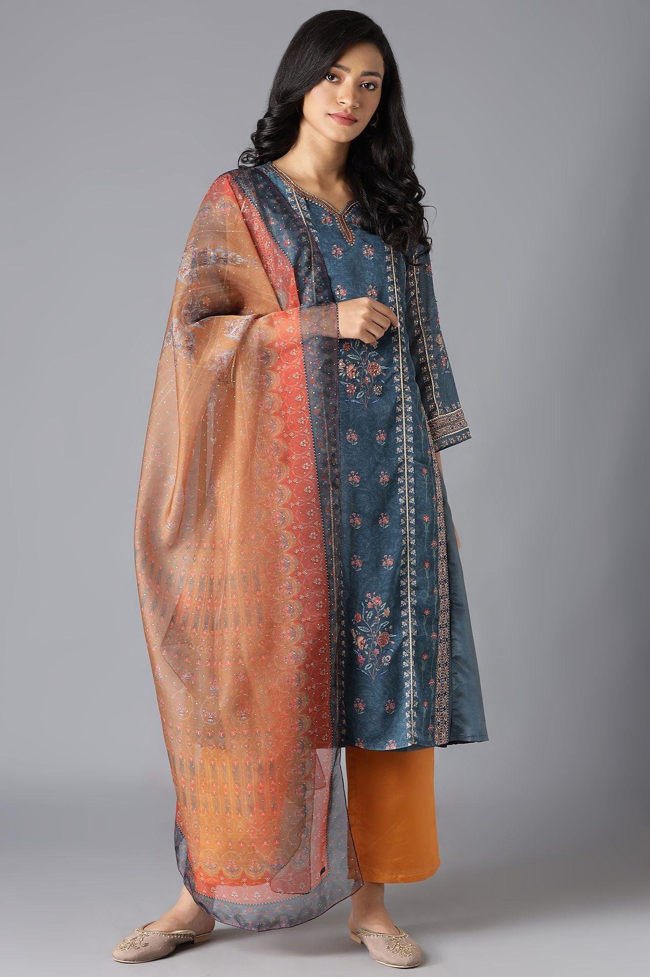 Teal Mock Layer kurta, Orange Parallel Pants And Dupatta Set — image 5