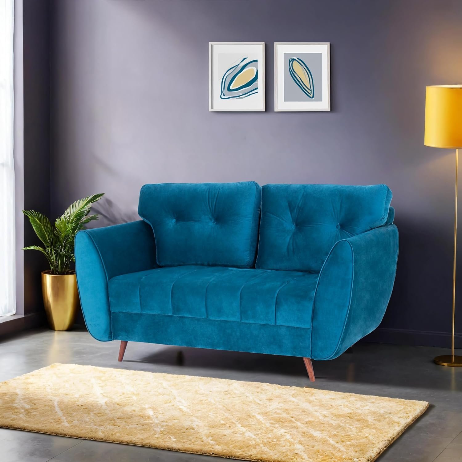Peachtree Eden 2 Seater Sofa for Living Room| Sofa with 2 Cushions, 3 Year Warranty, Velvet Fabric Sofa with Mango Wooden Frame & Sheesham Wood Legs | Padded Armstyle (Teal Blue) — image 2