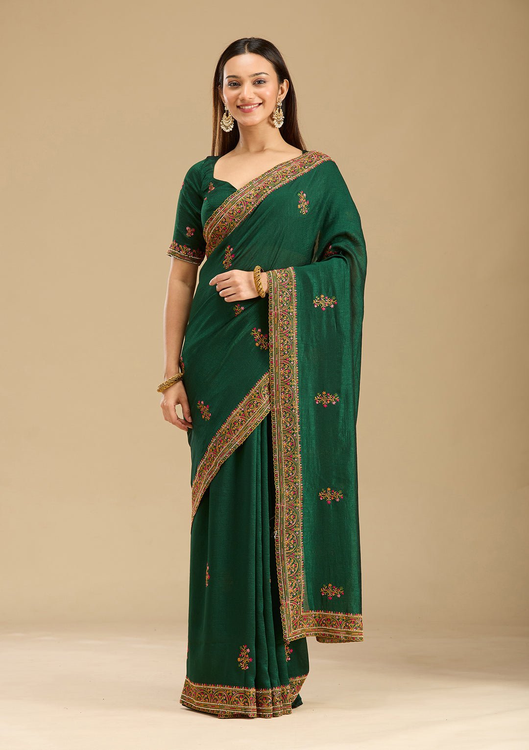 Bottle Green Kashmiri Soft Raw Silk Saree — image 1