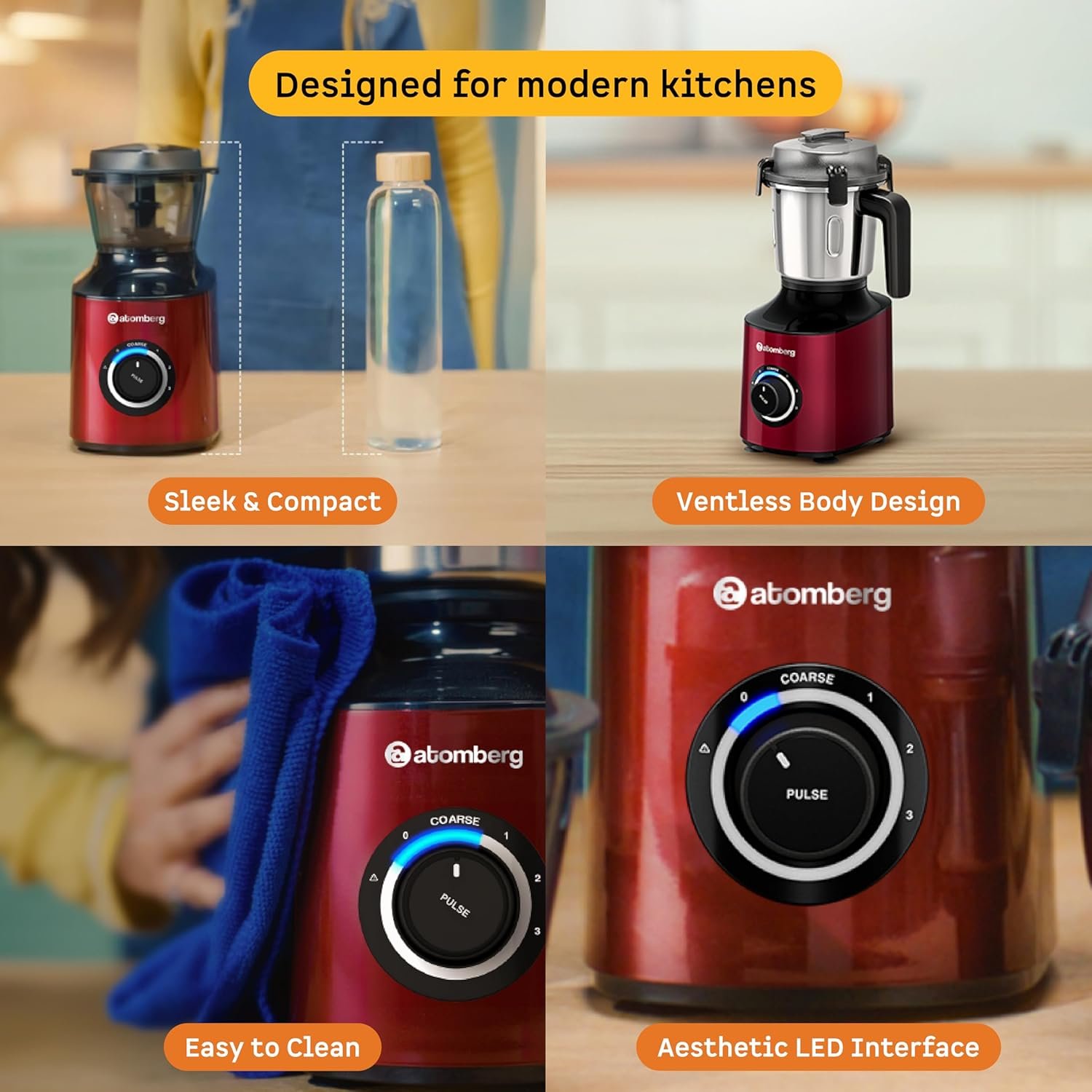 Atomberg Zenova Mixer Grinder | Unique Coarse Mode for Silbatta-like Texture | Intelligent BLDC Motor | Safety Features | 4 Jars including Chopper | Hands-Free Operation (Red Wine) — image 5