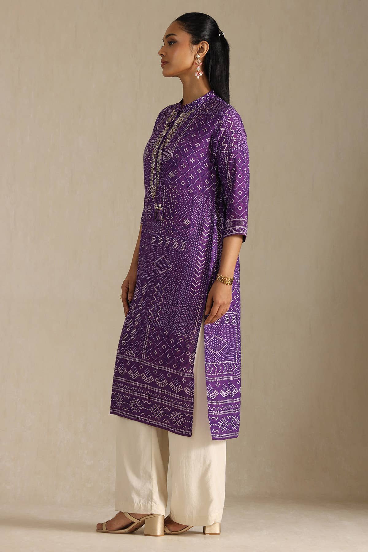 Purple Muslin Bandhani Printed Kurta With Zardosi — image 5