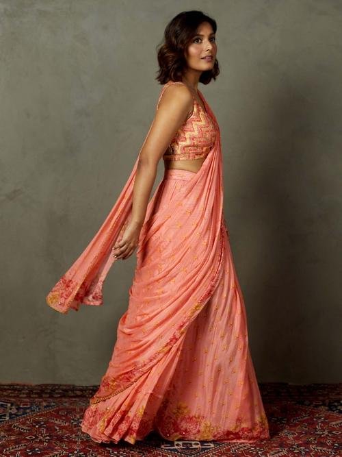 Coral Blue Rose Pre-Draped Saree — image 3