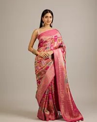 Rani Pink Grid Patterned Saree with Peacock Motifs — image 5