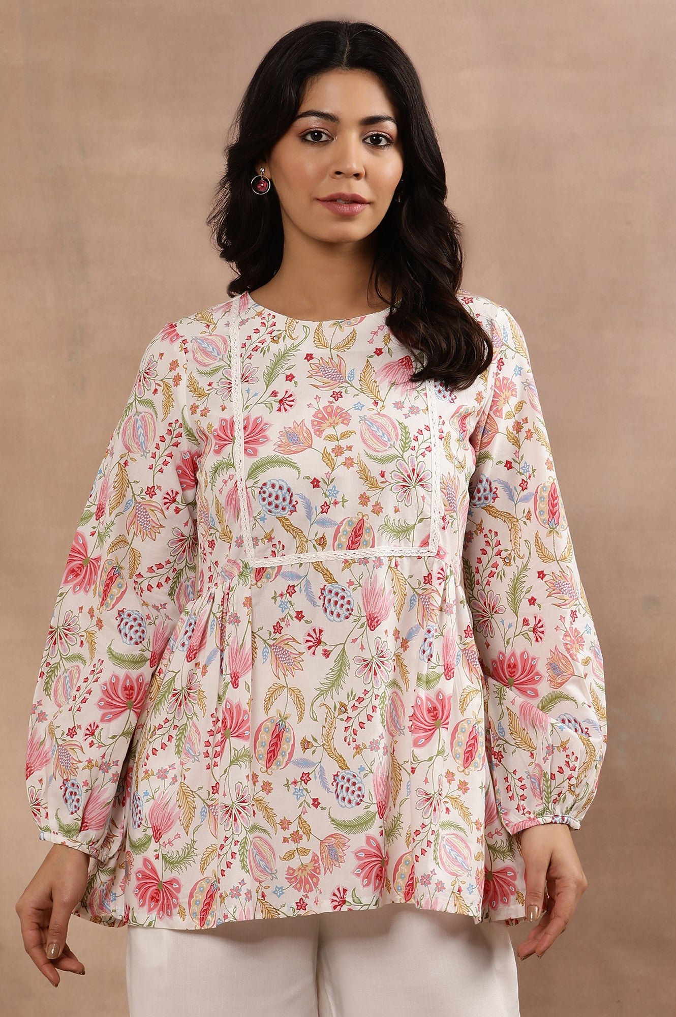 White Floral Printed Pure Cotton Top And Parallel Pants Set — image 8