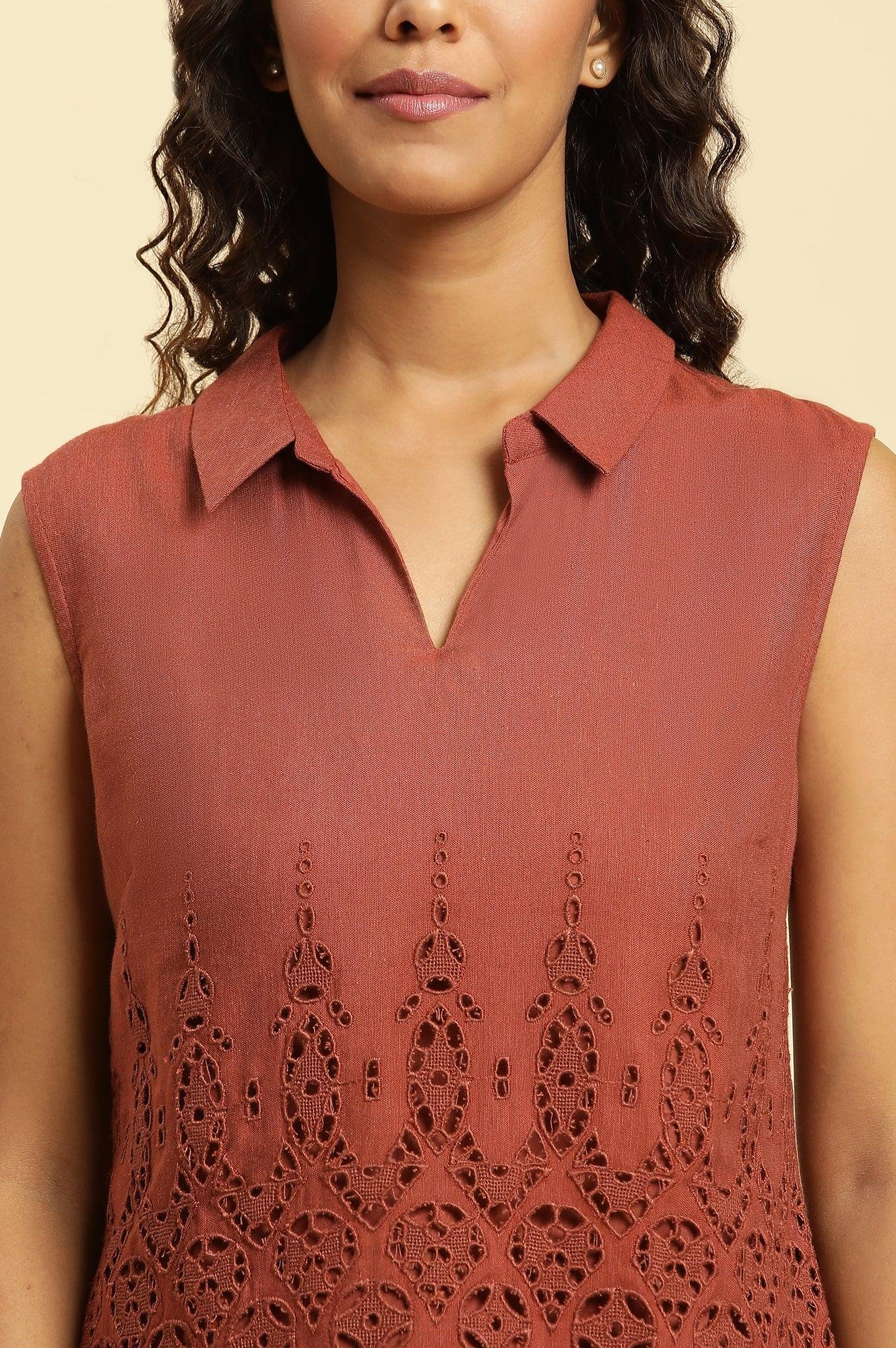 Dark Red Cotton Schiffli Top And Pants Co-Ord Set — image 4