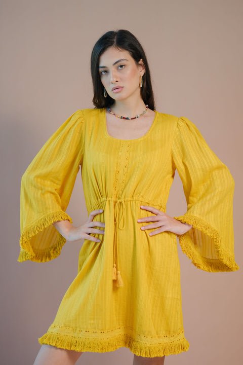 Oshin 100% Cotton Tie-Up Waist Bell Sleeve Dress — image 2
