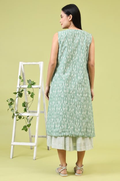 White and Green Geometric Printed Flared Spaghetti Dress and Gilet Set — image 3