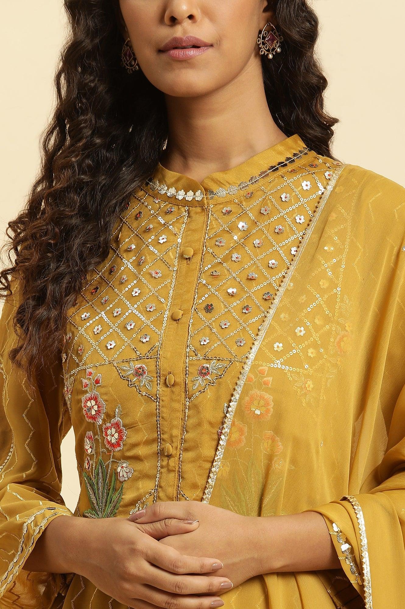 Yellow Embroidered Kurta, Pants And Dupatta Set — image 5
