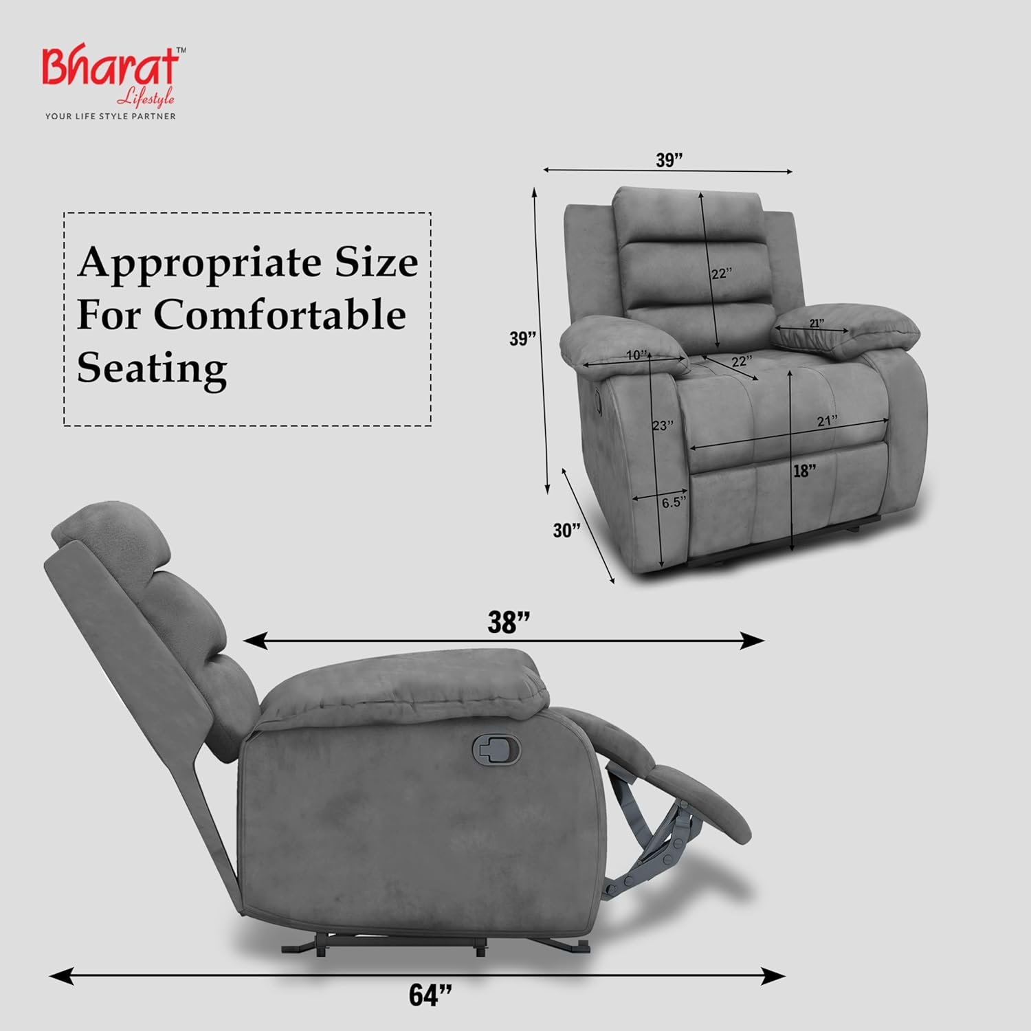 Bharat Lifestyle Austin Manual Recliner | 1 Seater Chair Sofa | Single Sofa Recliner| 3 Comfort Position | Wooden Frame | Suede Fabric | 1 Seater Recliner for Living Room Bedroom,1 Year Warranty, Grey — image 2