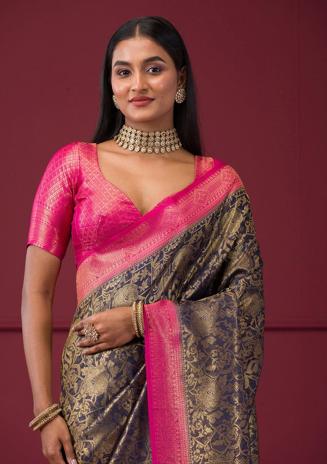 Navy Blue Zariwork Soft Silk Saree — image 3