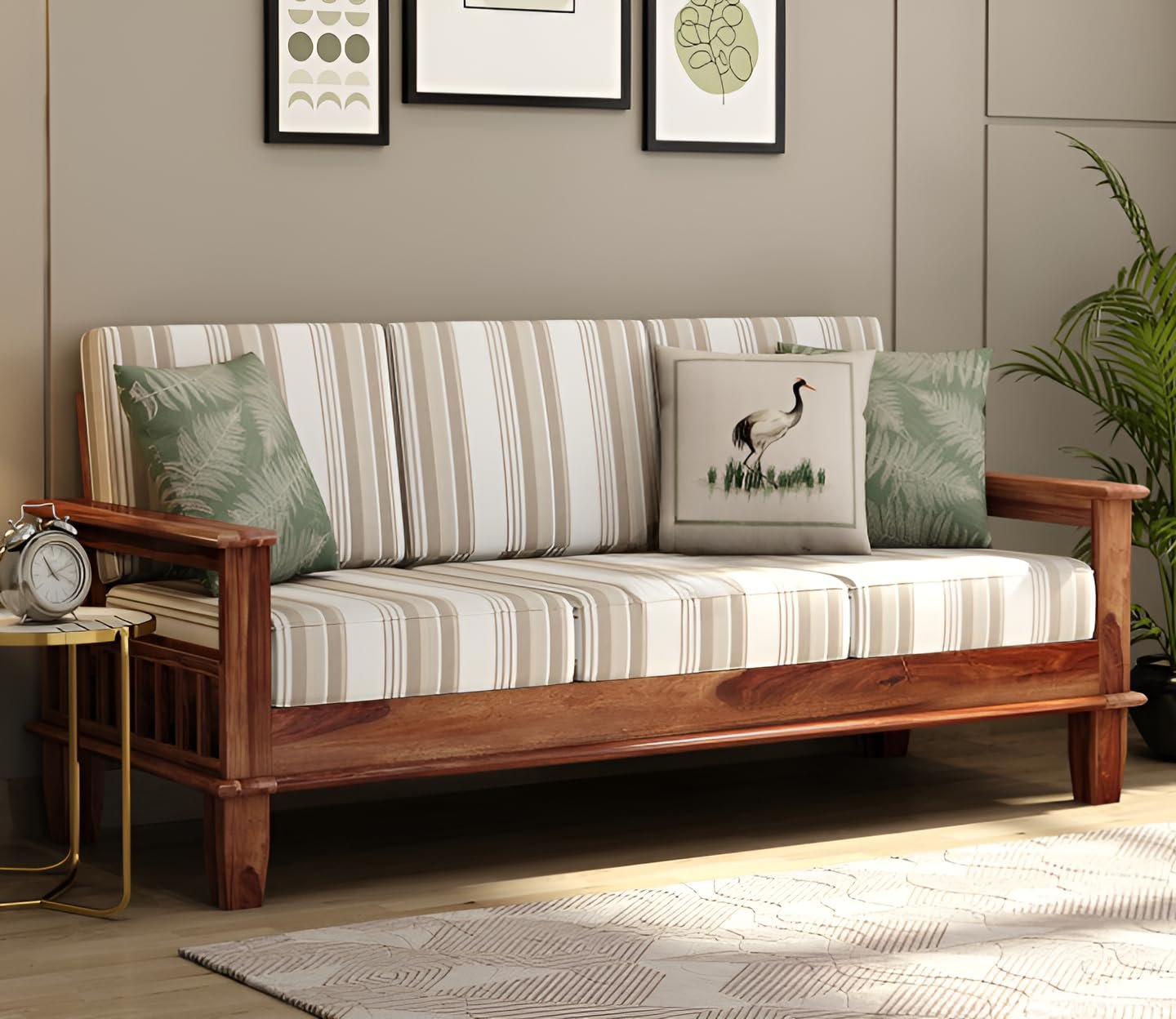 RATANDHARA FURNITURE Solid sheesham Wood Wooden 3 Seater Sofa for Living Room - Sofa with Cousins seat - Sitting Pretty 3-Seater Couch Design 2 (Honey Finish) — image 2