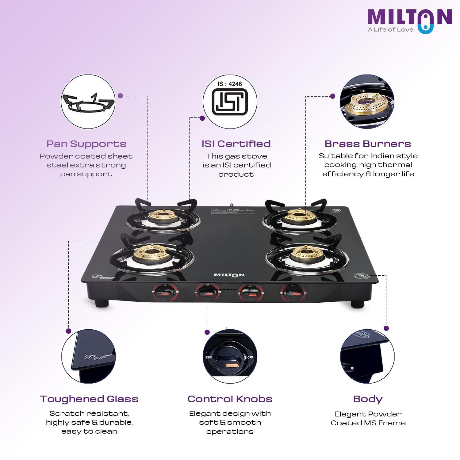 MILTON Premium 4 Burner Black Manual Ignition Glass Top Gas Stove, (ISI Certified) — image 6