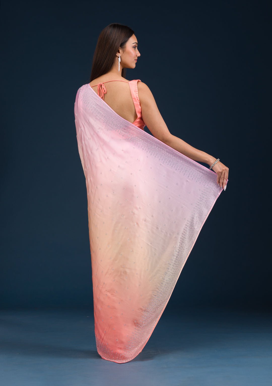 Light Orange Stonework Satin Saree — image 7