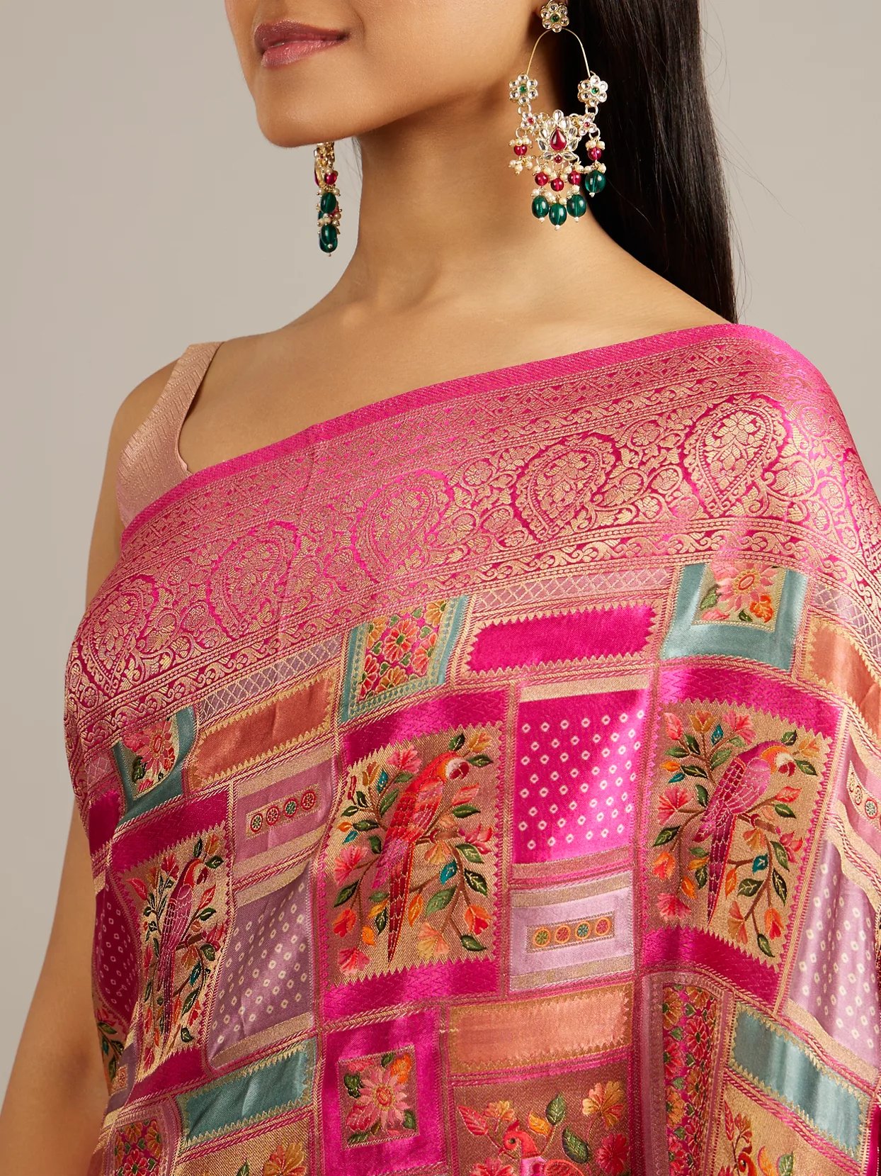 Rani Pink Grid Patterned Saree with Peacock Motifs — image 2