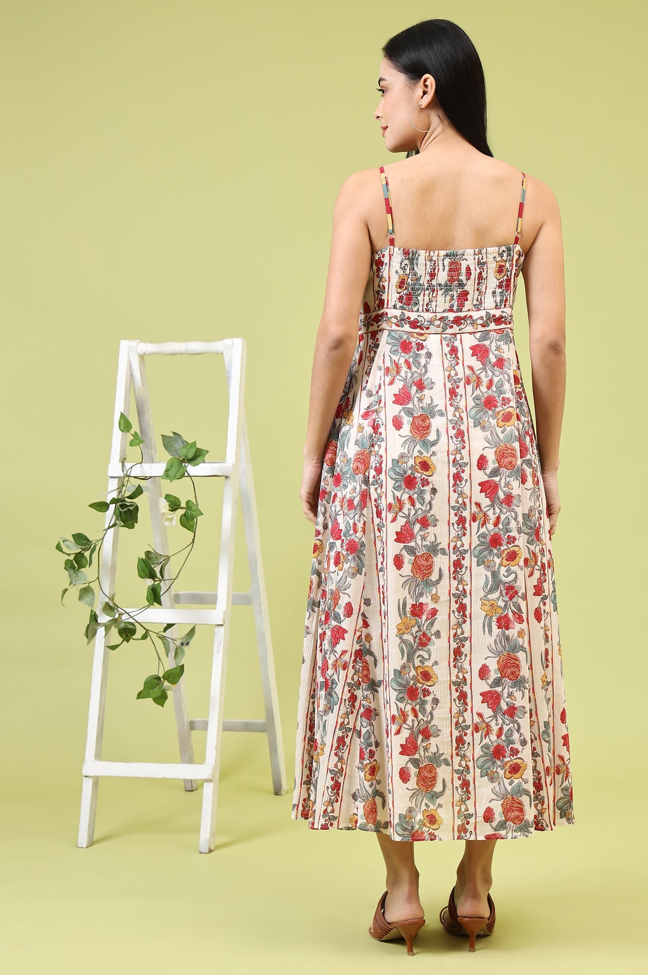 Off-White Vibrant Floral Printed Pure Cotton Flared Spaghetti Dress — image 8