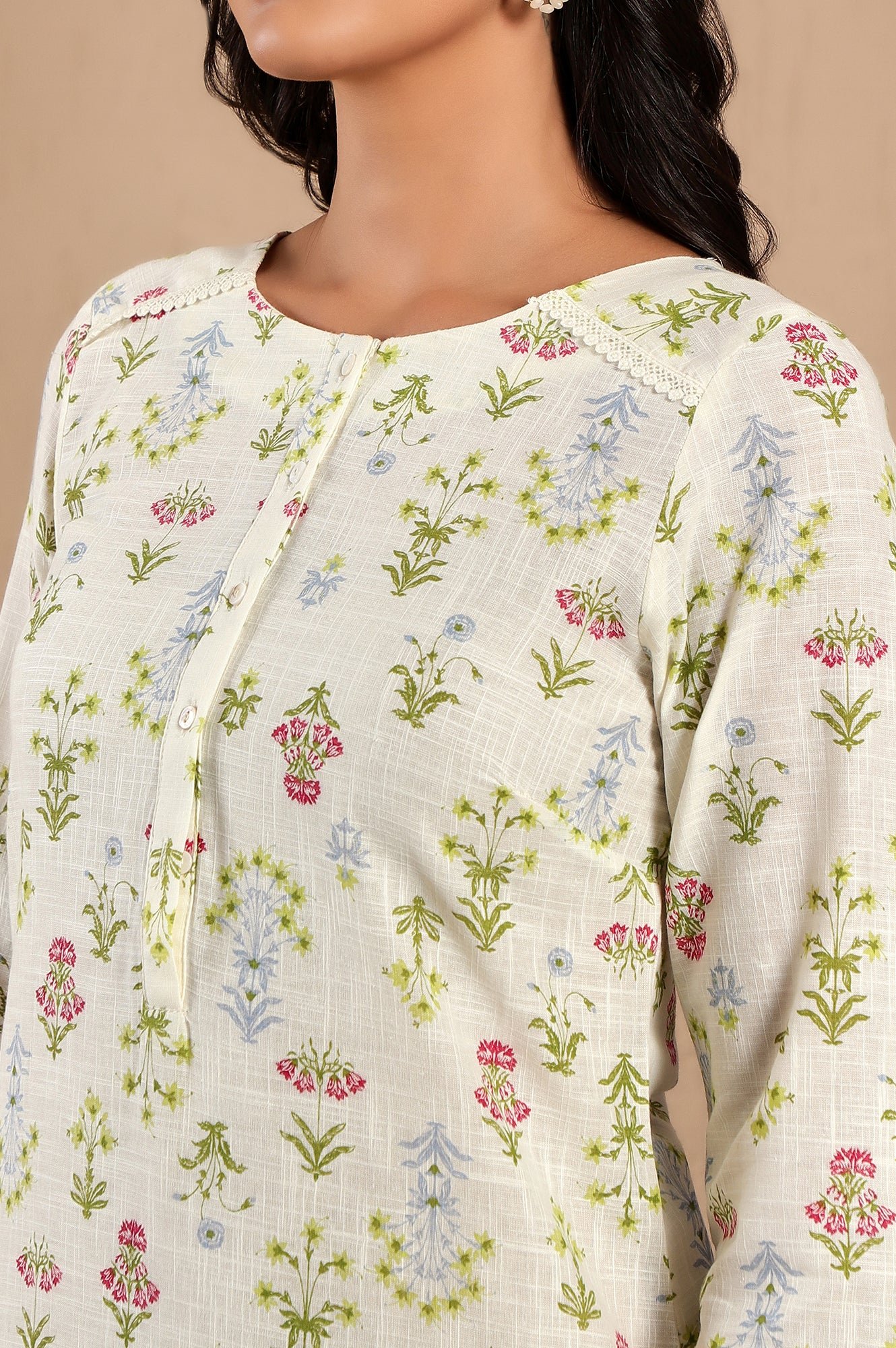 White Floral Printed Pure Cotton Straight Kurta and Pants Co-ord Set — image 5