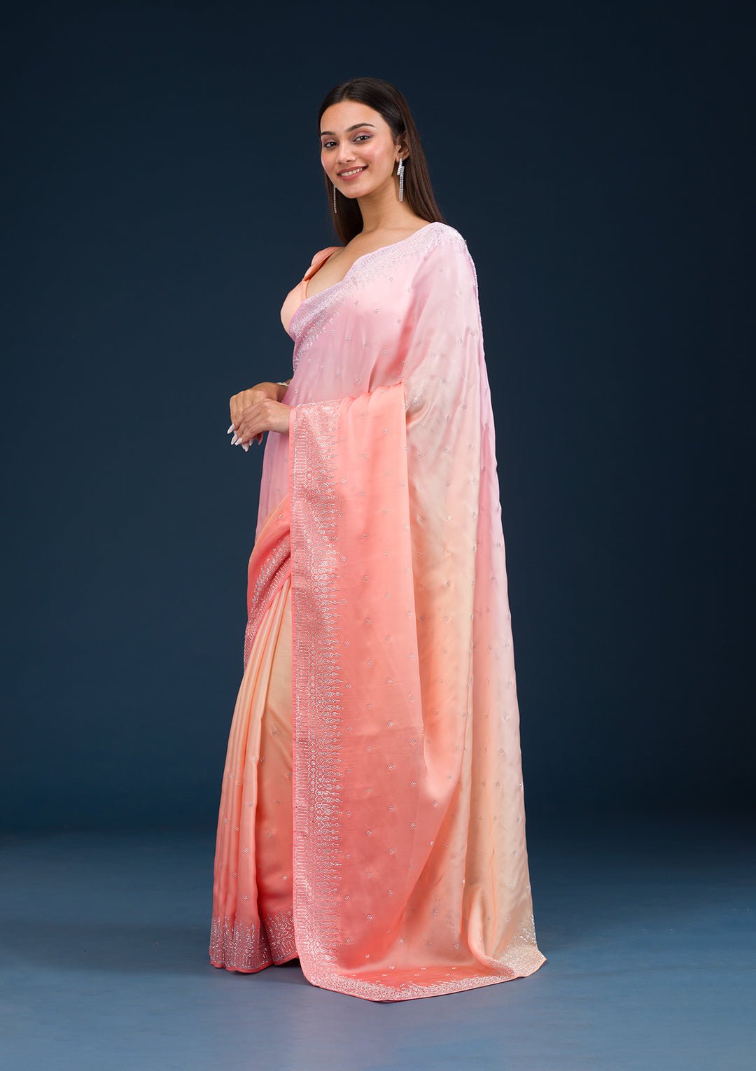Light Orange Stonework Satin Saree — image 6