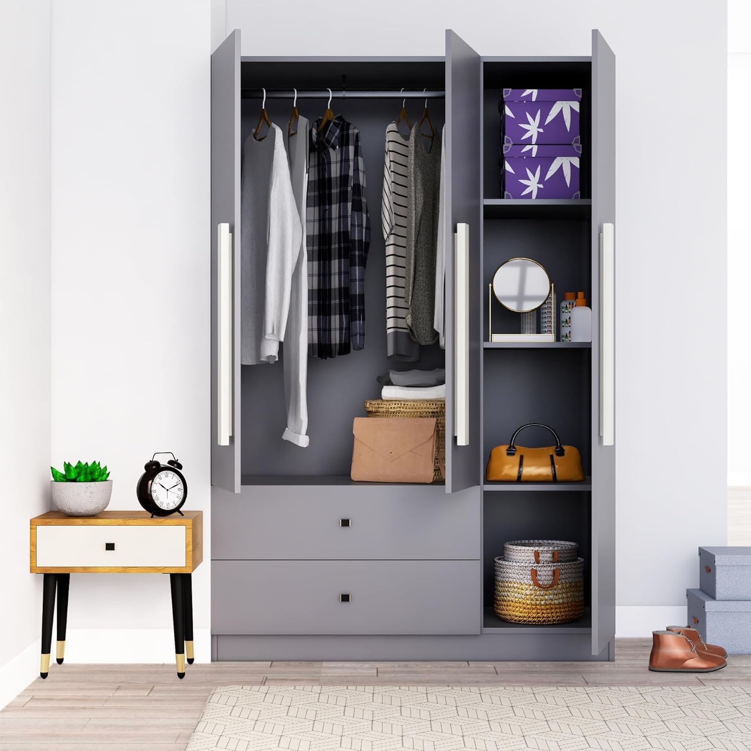 Bniture Wooden Almirah for Clothes, Door for Bedroom, 3 Door Wardrobe with 2 Drawer & Hanging Space (40D x 120W x 180H CM) | 3 Year Warranty (Giant Wood & Slate Grey) — image 4