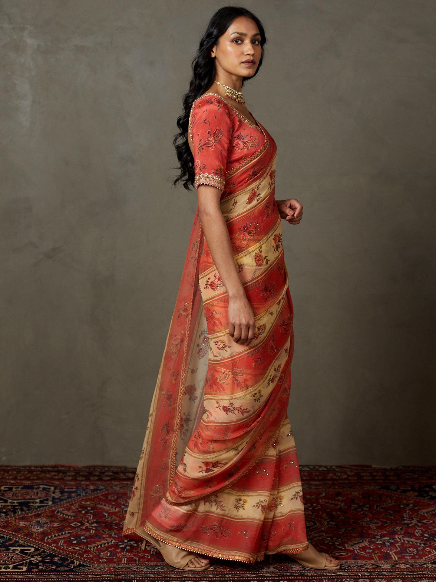 Peach & Multi Dahlia Saree With Unstitched Blouse — image 4