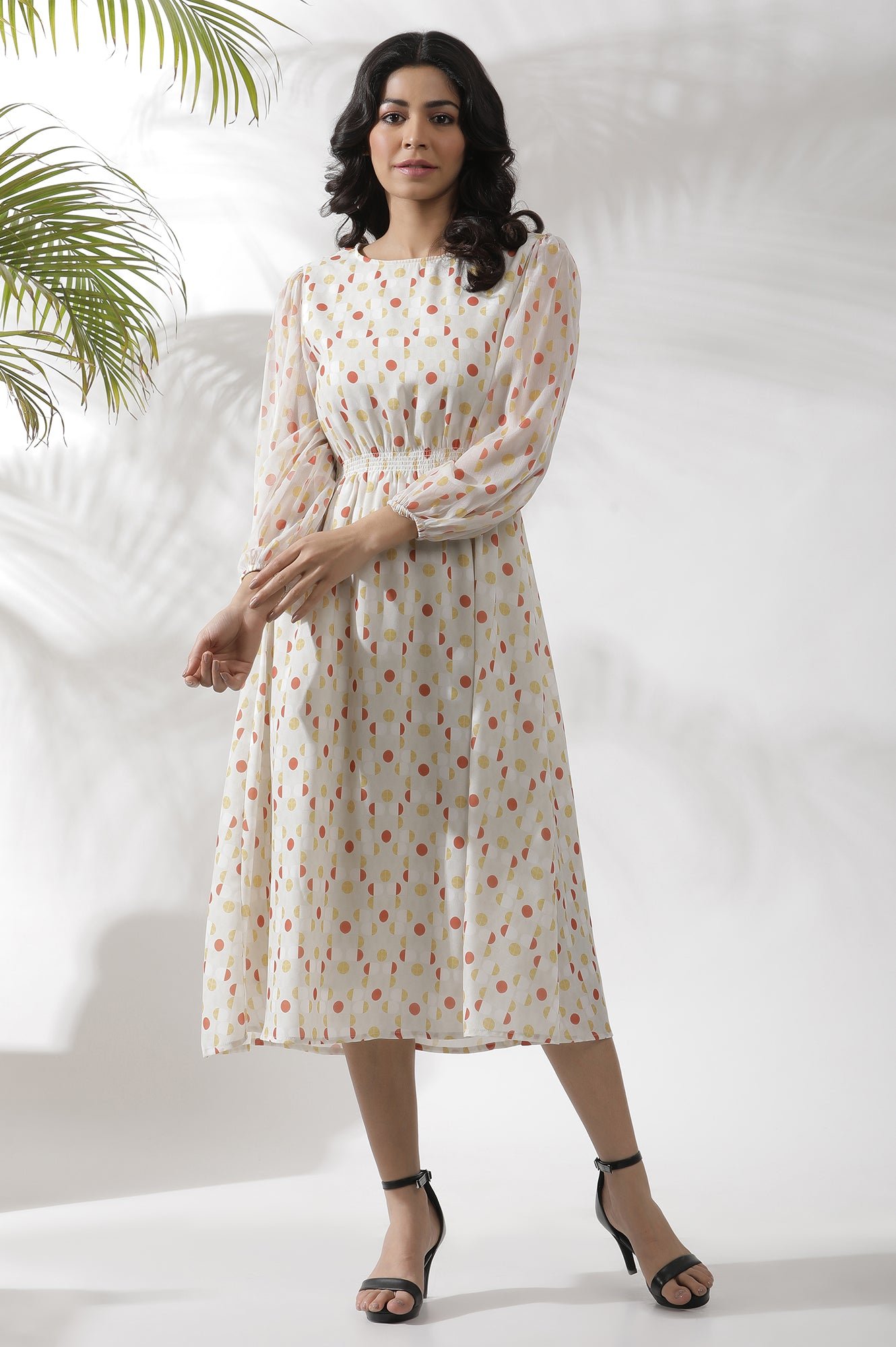 White Polka Dot Printed Gathered Western Dress — image 10