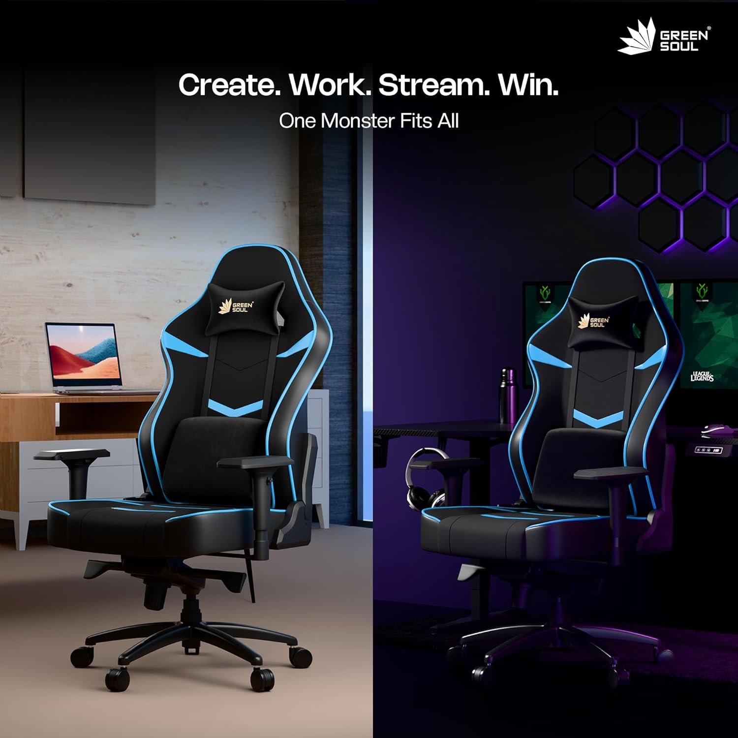 Gaming & Office Chair| Premium Spandex & PU Leather Fabric | Adjustable Neck, Lumbar Pillow | 4D Adjustable Armrests (Black Blue) — image 3