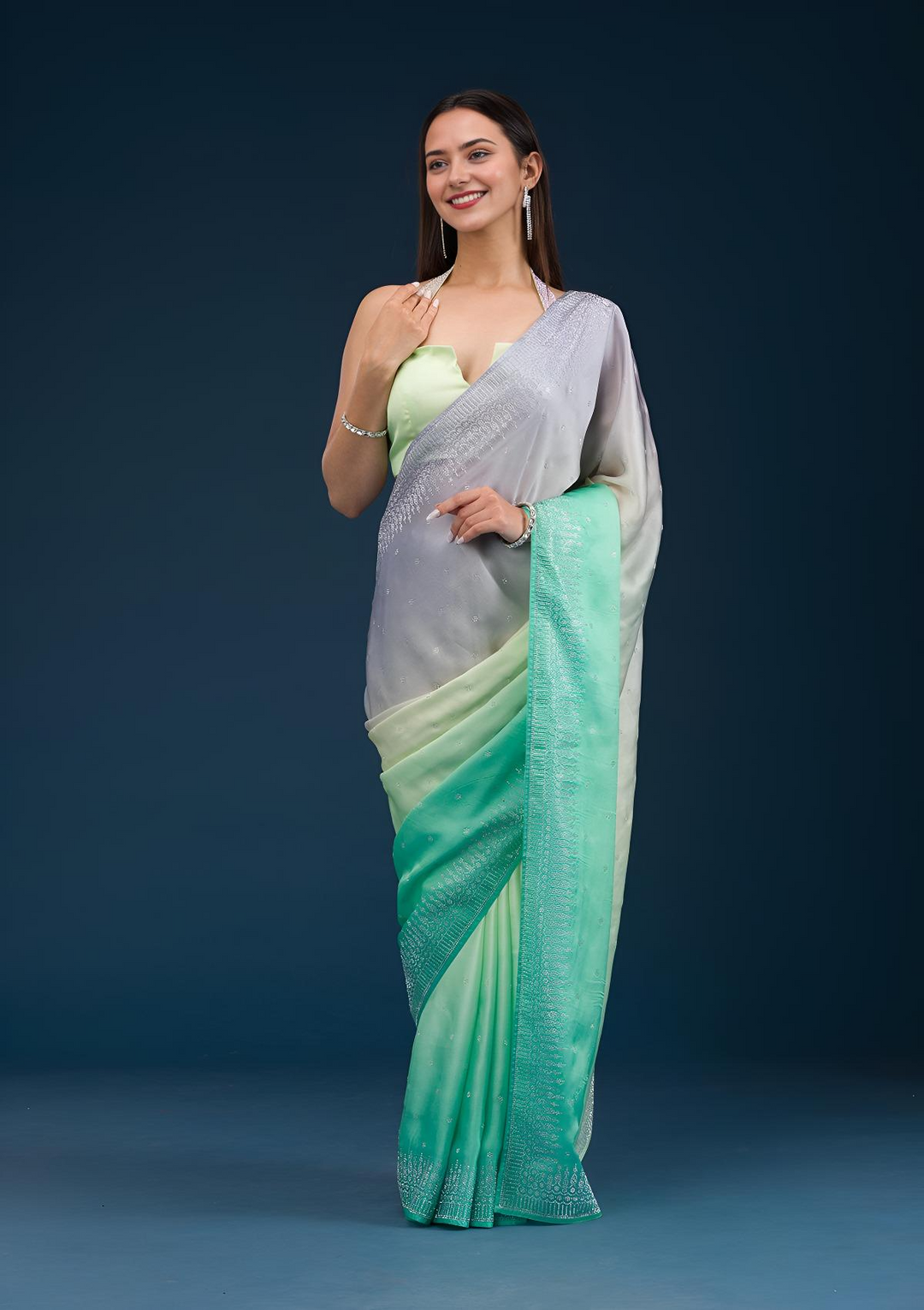 Grey Stonework Satin Saree — image 3