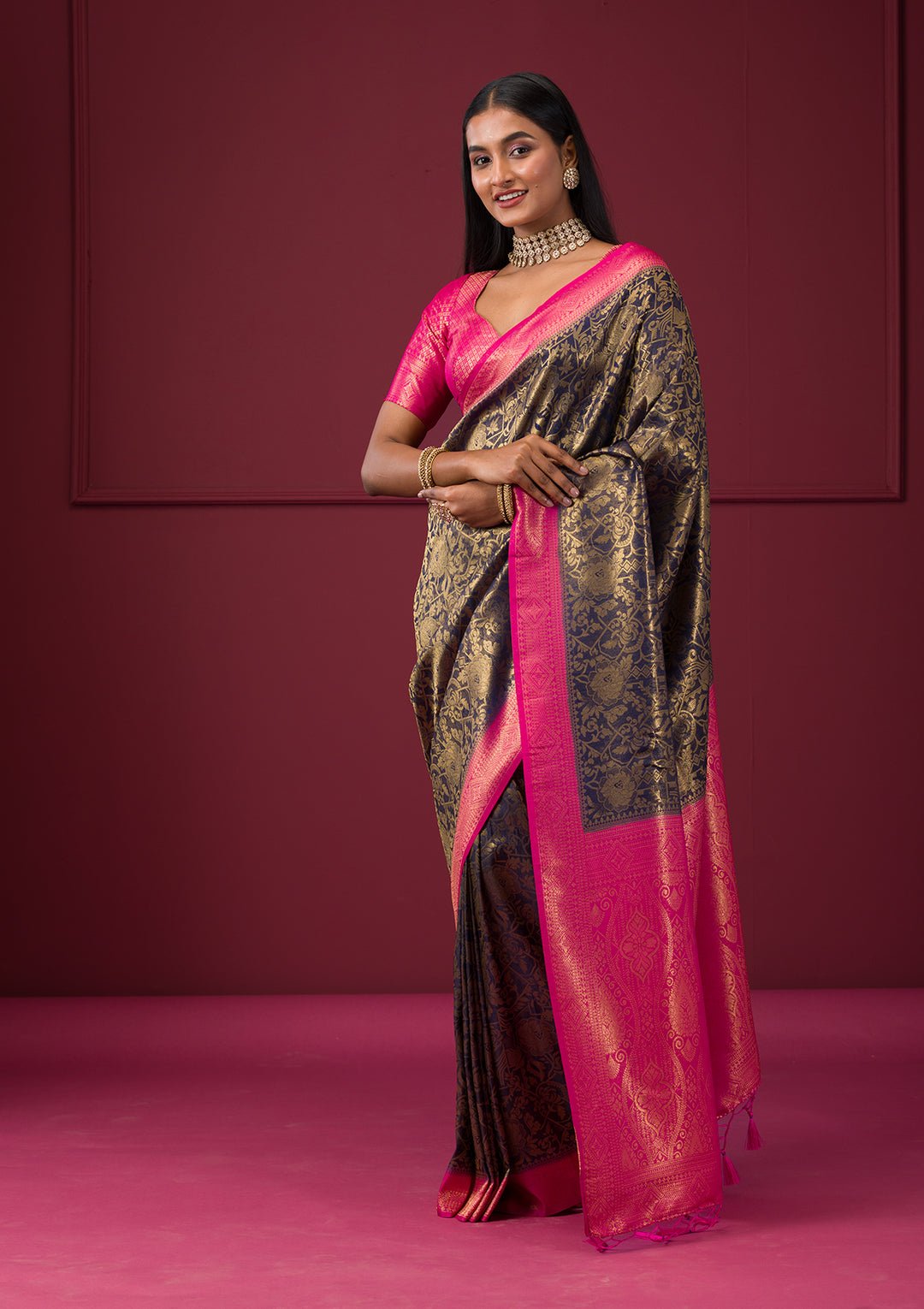 Navy Blue Zariwork Soft Silk Saree — image 4
