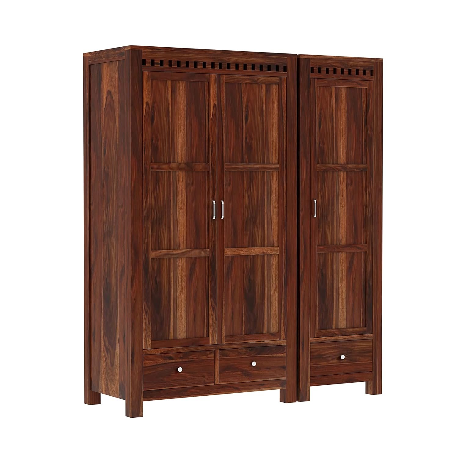 WOODLAB Furniture Sheesham Wood 3 Door Wardrobe Storage with 3 Drawers Wooden Multipurpose Almirah for Home Living Room - Natural Finish — image 3